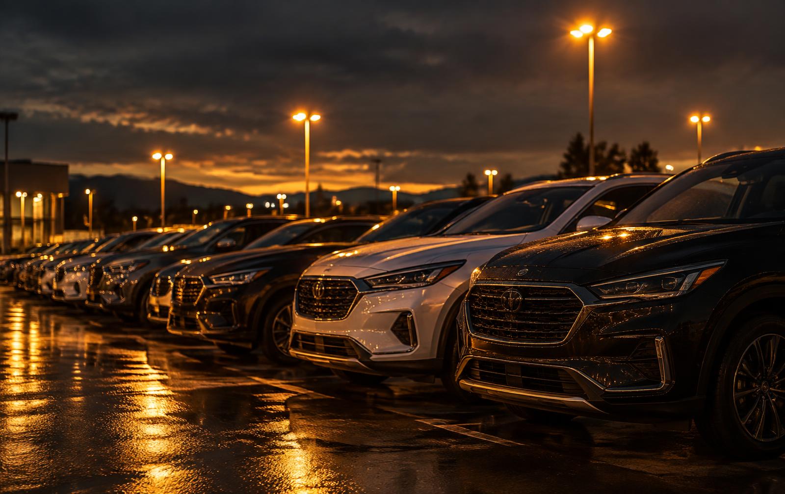 Used cars and SUVs lined up on a dealership lot at dusk in North Jersey